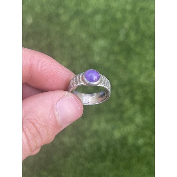 Vintage Sterling Silver Ring 925 Size 6.5 Amethyst Cabochon Band Hallmarked RCK - Picture 10 of 10